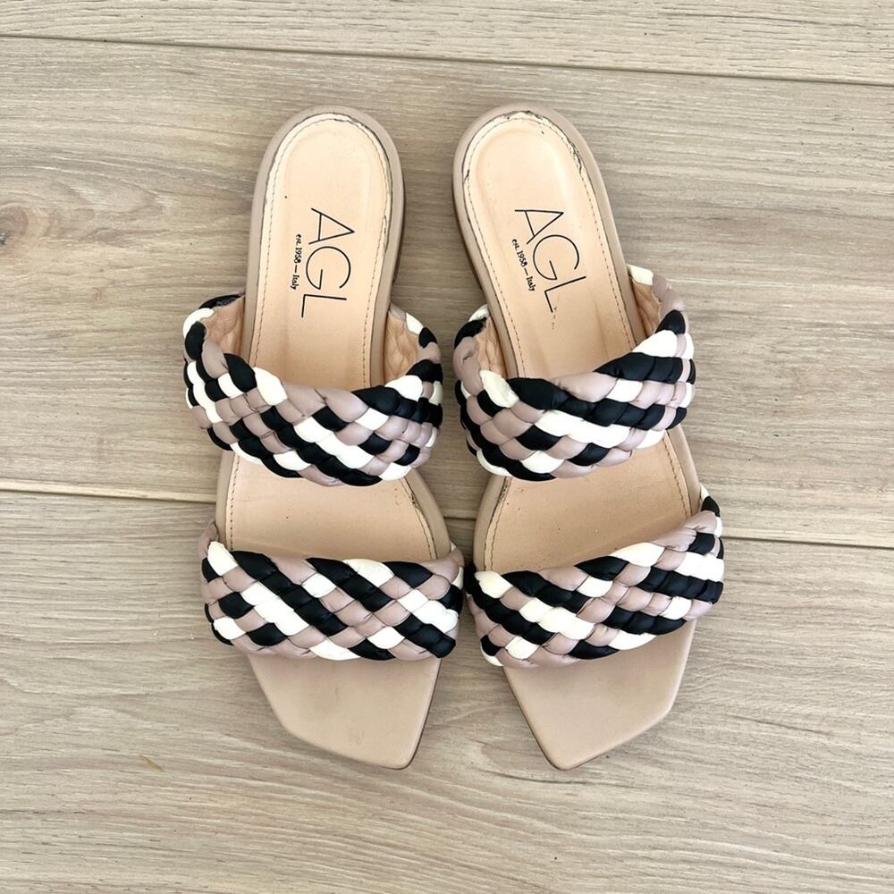 AGL woven sandals / pink white black braided strap slides / size 40 EU 9 US - Picture 2 of 7